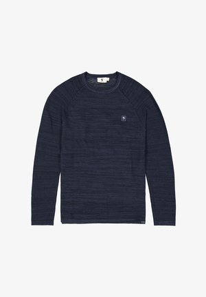 Marineblauwe langemouwentrui van gestructureerde stof, met een ronde hals en een klein logo op de bovenste linkerborst.