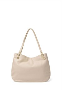 Borsa a spalla beige con superficie liscia, parte superiore arcuata e due spallacci. Presenta dettagli in metallo dorato nei punti di attacco delle cinghie.