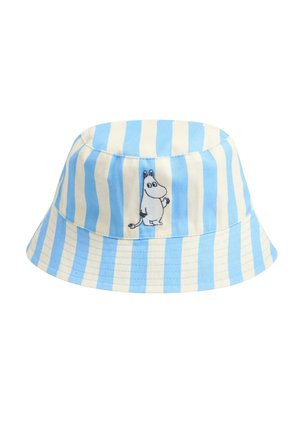Blå og hvide vertikalstribede bøllehat med en lille broderet tegneseriefigur, der vinkes foran.