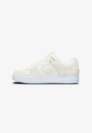 Low-top, off-white sneaker with lace-up closure, textured panel details, and a thick white rubber sole.