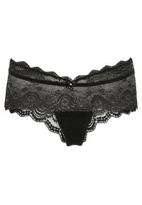 Zwarte kant lingerie met bloemrijke patronen, gegolfde randen en een centrale versiering. Beschikt over een string-silhouet en een doorzichtig materiaal.