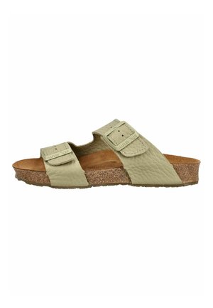 Beżowa skórzana sandałka typu slide z dwoma regulowanymi paskami z klamrami i korkową podeszwą, zaprojektowana do codziennego noszenia.