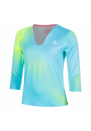 Sportshirt met lange mouwen met blauwe, groene en gele golfpatronen, V-hals en logo op de linkerborst.