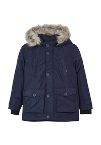 Giacca parka navy con cappuccio in finta pelliccia, due tasche frontali e chiusure a bottoni. Presenta polsini a coste e una texture liscia.