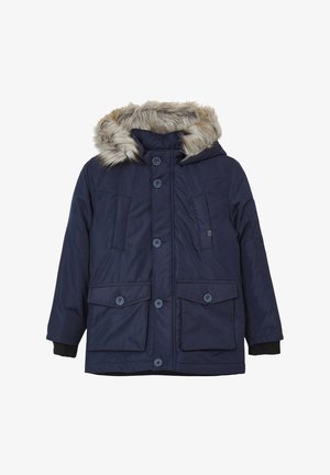 Marineblauer Parka mit einer Kapuze aus Kunstfell, zwei Fronttaschen und Knopfverschluss. Verfügt über gerippte Bündchen und eine glatte Textur.