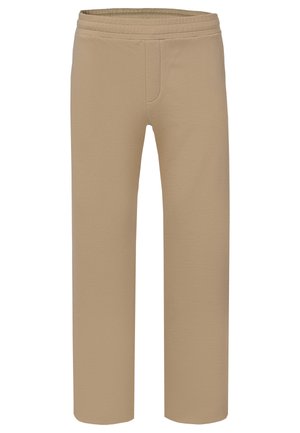 Beige bukser med elastisk talje, lige ben, minimal syning og uden synlige lommer eller knapper.