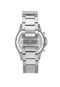 Orologio in acciaio inossidabile argentato con finitura lucida, cinturino a maglie e cassa rotonda. Presenta il marchio sulla chiusura e un quadrante visibile.