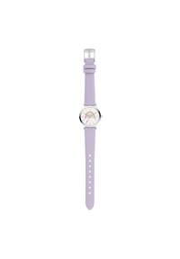 Lila Silikonarmbanduhr mit einem runden weißen Ziffernblatt, schwarzen Zahlen und einem bunten Regenbogenmuster. Mit silberner Schnalle und Löchern für das Armband.