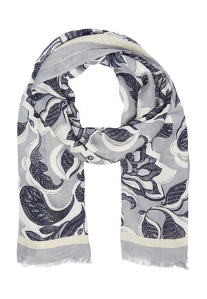 Weicher grauer Schal mit großen dunkelblauen und weißen abstrakten Blumendesigns und fransigen Kanten, locker gefaltet.