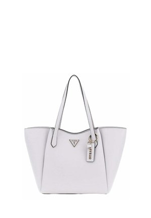 Borsa tote grigia chiara con due manici, materiale sintetico, logo triangolare sul davanti, dettagli in argento e texture liscia.