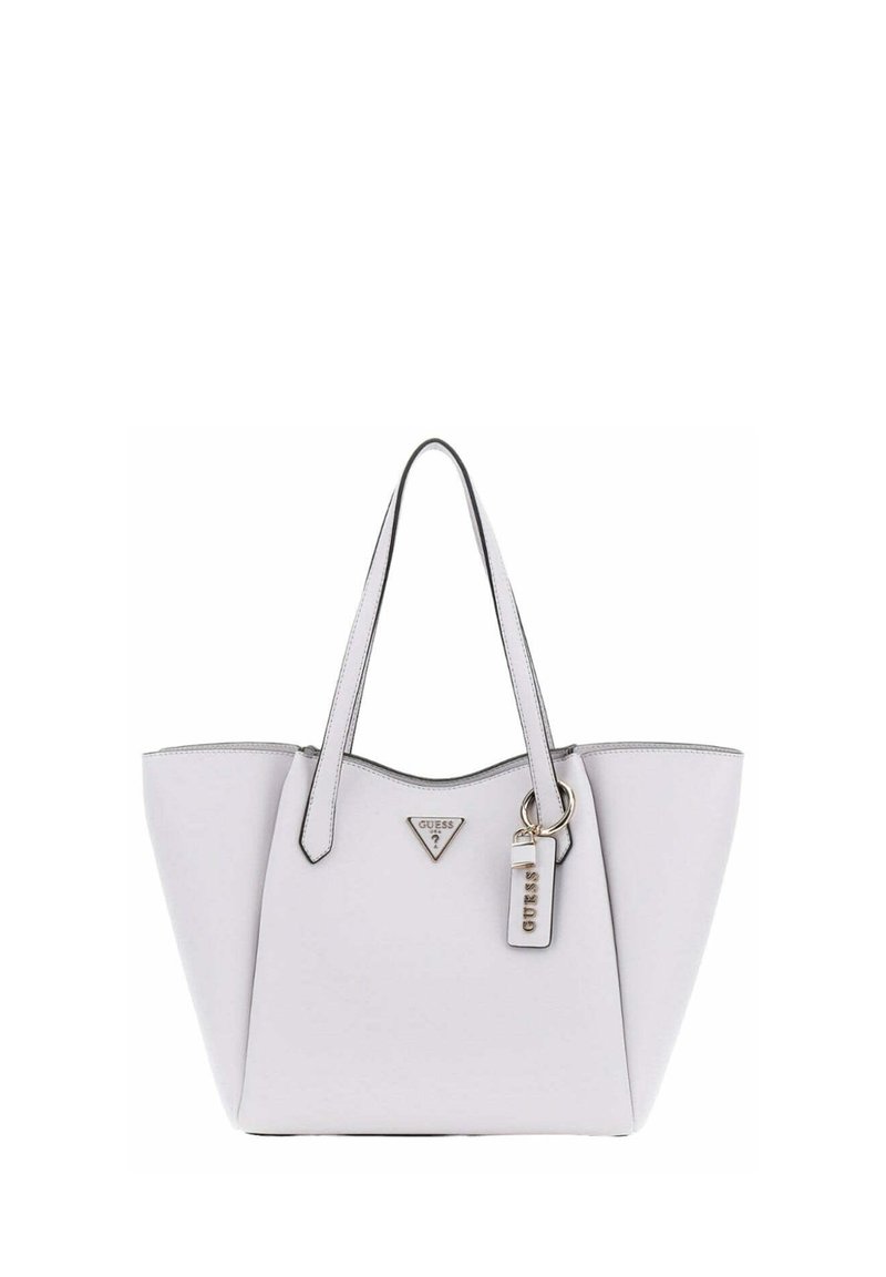 Borsa tote grigia chiara con due manici, materiale sintetico, logo triangolare sul davanti, dettagli in argento e texture liscia.