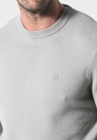 Hellgrauer gestrickter Pullover mit Rundhalsausschnitt. Verfügt über ein gesticktes Logo in der unteren linken Ecke. Der Stoff wirkt weich und dehnbar.