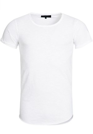 T-shirt bianco a maniche corte con scollo rotondo, realizzato in un tessuto leggero con una sottile texture e orlo curvo.