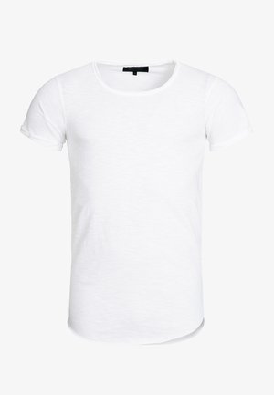 White short-sleeve t-shirt with a round neckline, made of a lightweight fabric featuring a subtle texture and curved hemline.