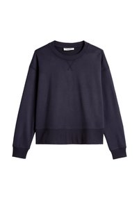 Granatowa bawełniana bluza z długimi rękawami, ściągaczami na mankietach i dole. Posiada okrągły dekolt i mały detal w formie ściegu X na przodzie.