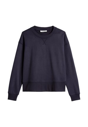 Marineblaues Sweatshirt aus Baumwolle mit langen Ärmeln, gerippten Bündchen und Saum. Verfügt über einen runden Halsausschnitt und ein kleines X-Stich-Detail auf der Vorderseite.