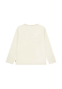 Langarm-Cremet-Shirt mit Rundhals, gerippten Bündchen und einem kleinen gelben Etikett an der Seite. Glatte Textur und schlichtes Design.