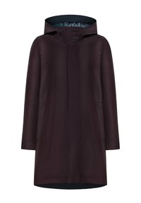 Cappotto impermeabile con cappuccio di un profondo bordeaux, dalla texture liscia, con chiusura frontale a zip, due tasche laterali e un rivestimento interno blu a contrasto.