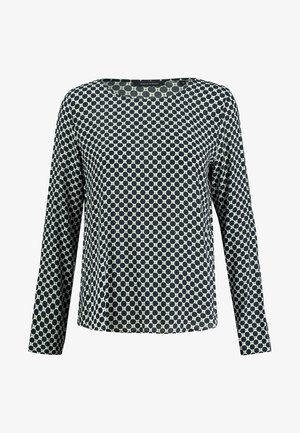 Haut à manches longues en tissu avec un motif de cercles bleu marine et crème, doté d'un col rond et d'une coupe décontractée.