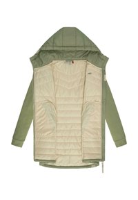 Zaļš pūkains apģērbs ar quilted bēšu iekšpusi, diviem lieliem priekšējiem kabatām un kapuci. Iekļauta slēdzene ar rāvējslēdzēju un ribota aproču daļa.