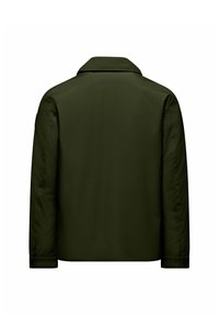 Giacca verde scuro con una texture liscia, caratterizzata da un colletto classico, maniche lunghe e polsini con bottoni. Design semplice e minimalista.