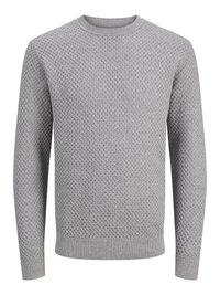 Light grey knitted sweater with a textured honeycomb pattern, crew neck, long sleeves, and ribbed cuffs and hem.