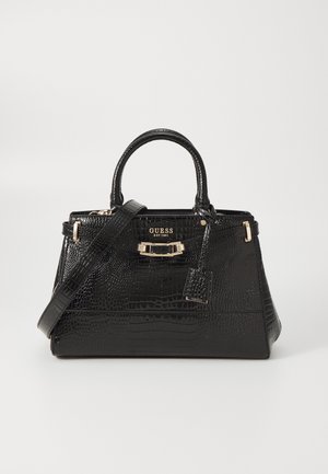 Zwarte gestructureerde leren Guess-handtas met bovenhandvatten, afneembare schouderriem en goudkleurige hardware accenten.