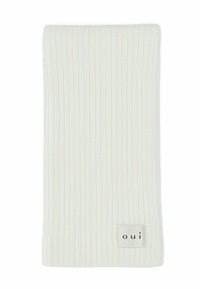 Ribbed, off-white fabric scarf with a soft texture. Features a small, rectangular label with the word "oui" printed in black.