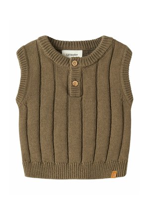 Gilet bébé brun tricoté sans manches avec deux boutons en bois à l'avant et col, ourlet et emmanchures côtelés.