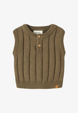 Brun strikket ærmeløs babyvest med to knapper af træ foran og ribbet krave, kant og ærmegab.
