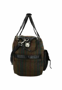 Borsa in tessuto a quadri marroni con strisce verdi e bordeaux, dotata di dettagli in pelle nera, chiusura metallica e spallacci regolabili.