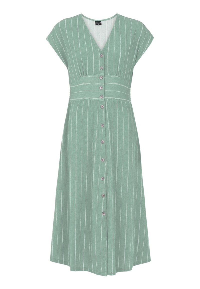 Zelené šaty po kolena s krátkými rukávy, výstřihem do V, zapínáním na knoflíky vpředu a vertikálními bílými pruhy. Měkká tkanina s texturovaným vzhledem.