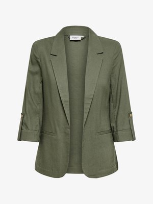 Blazer vert olive pour femme avec manches trois-quarts, pattes boutonnées, revers crantés et deux poches passepoilées à l'avant.