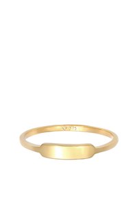Guldring med en glat, flad bånd og en karakteristisk rektangulær top. Indgraveret med "375", der angiver guldets renhed. Enkel og minimalistisk design.