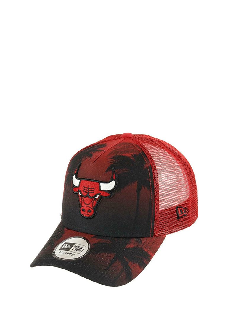 Red baseball cap with a mesh back, featuring an embroidered bull logo on the front and a palm tree pattern on the bill. Adjustable strap.