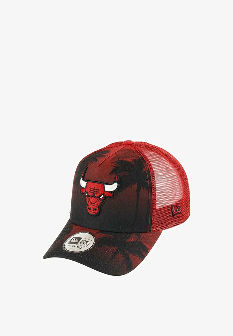 Red baseball cap with a mesh back, featuring an embroidered bull logo on the front and a palm tree pattern on the bill. Adjustable strap.