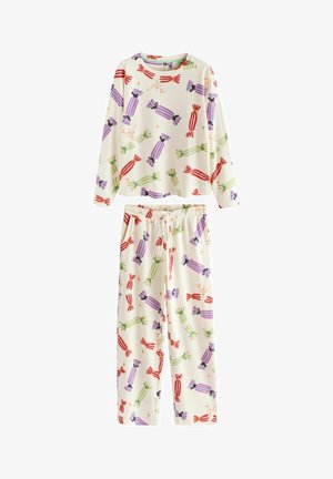 Cremfarbene Pyjama-Set mit langärmliger Bluse und Hose, die mit Bonbonmustern in Rot, Grün, Lila und Schwarz versehen sind. Gerippte Textur.