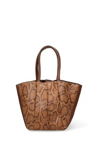 Bruine nep-python draagtas met twee handvatten, met een gestructureerde vorm, een getextuurde oppervlakte en accentuerende bruine leren rand.