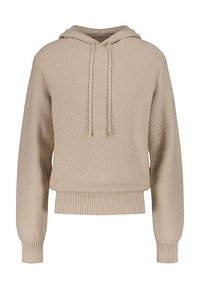 Haut à capuche beige texturé avec un ourlet et des poignets côtelés, doté d'une capuche à cordon de serrage et d'un design tricoté à motifs.
