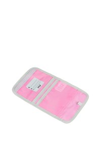 Pink fabric wallet with a gray trim; features slots for cards and a label section, inner texture is smooth, secured with a velcro closure.