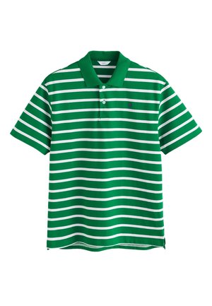 Grøn poloshirt med hvide vandrette striber, korte ærmer, to knapper og krave.