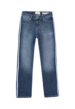 Super skinny jeans in medium wash denim met witte en blauwe zijstrepen, voorzien van een knoopsluiting en een klassieke vijf-pocketontwerp.