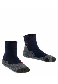 Calcetines tobilleros en azul marino y gris, con un puño acanalado, suela acolchada y puntera reforzada, con acentos rojos para mayor visibilidad y comodidad.