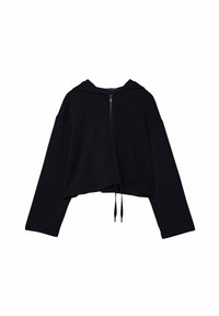 Felpa nera cropped con maniche lunghe, chiusura con zip e tasca frontale. Presenta cordini e una vestibilità morbida e rilassata.