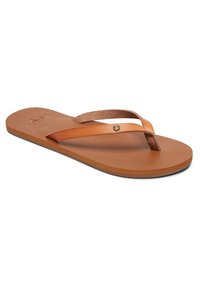 Brown flip-flop sandal with a textured leather footbed, two thin straps, and a small circular logo accent on the side. Flat, casual design.