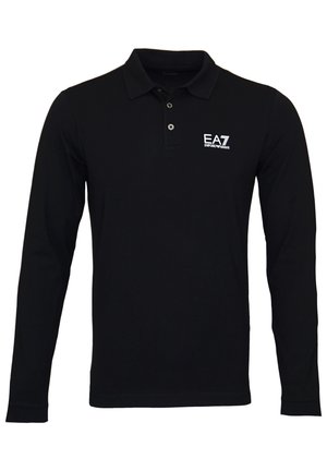 Schwarzes Langarm-Poloshirt mit Kragen und zwei Knöpfen, mit weißem EA7 Emporio Armani-Logo auf der linken Brust.