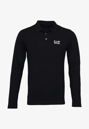 Schwarzes Langarm-Poloshirt mit Kragen und zwei Knöpfen, mit weißem EA7 Emporio Armani-Logo auf der linken Brust.