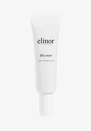 Witte knijpfles met een draaideksel, gelabeld "elinor BB cream" met tekst die het doel aangeeft: hydrateren, verlichten, verbergen.