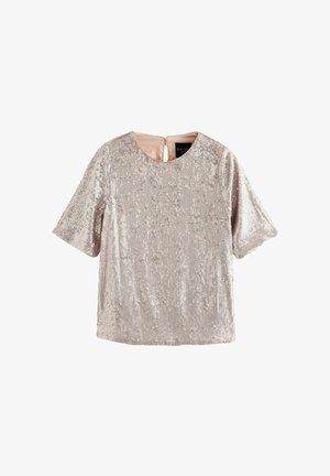 Lühikeste varrukatega litritega topp heleses roosas toonides, ümmarguse kaeluse ja seljal võtmega avaga, millel on sile sisevooder.