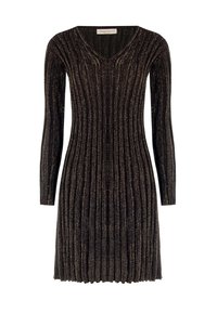 Abito nero a coste con maniche lunghe, scollatura a V, presenta dettagli in filo metallico per un leggero luccichio. Lunghezza standard, tessuto a maglia con texture.